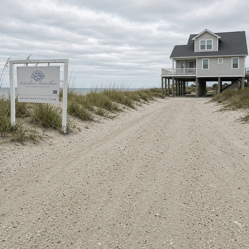 White beach house STR road sign with shell logo, QR code and website rider standing in the dune grass beside a sandy drive to a beach house (mockup of a real sign we built)