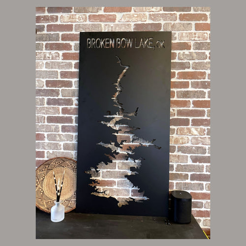 Broken Bow Lake, OK Map Metal Sign in black powder coat, made by American Made Metalworks