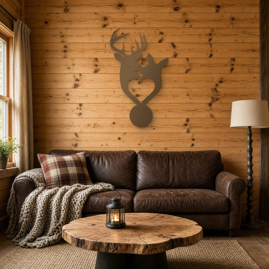 Buck & Doe Heart Metal Wall Art in bronze, shown in a cabin living room
