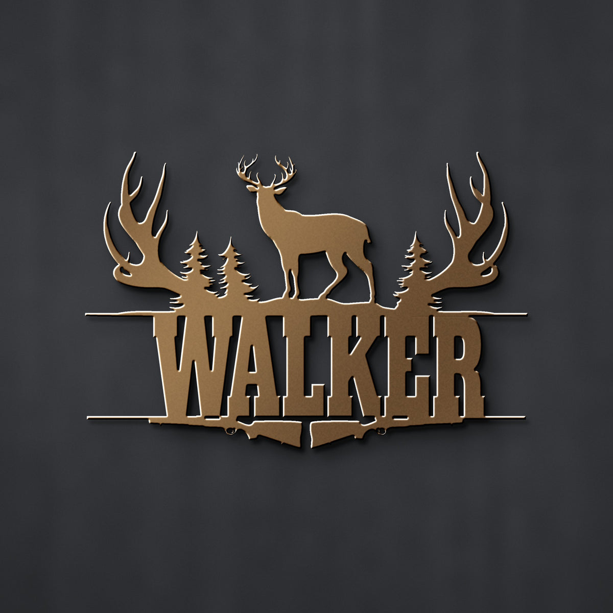 Deer Hunter Name Sign: Antlers, Pines & Rifles in bronze powder coat