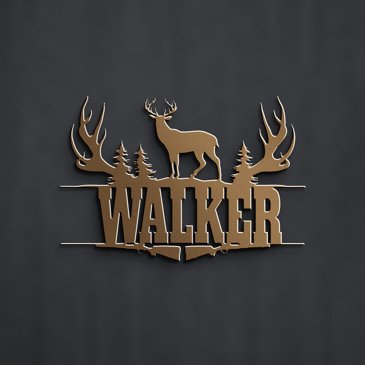 Deer Hunter Name Sign: Antlers, Pines & Rifles in bronze powder coat, alternate view