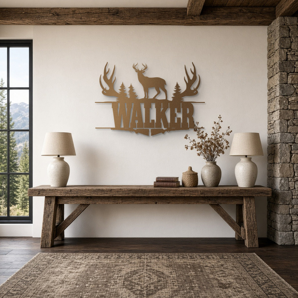 Deer Hunter Name Sign: Antlers, Pines & Rifles in bronze, shown in a mountain lodge living room