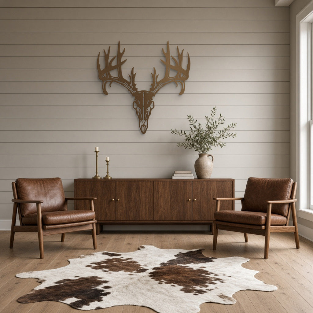 Deer Skull & Antlers Metal Wall Art in bronze, shown in a farmhouse living room