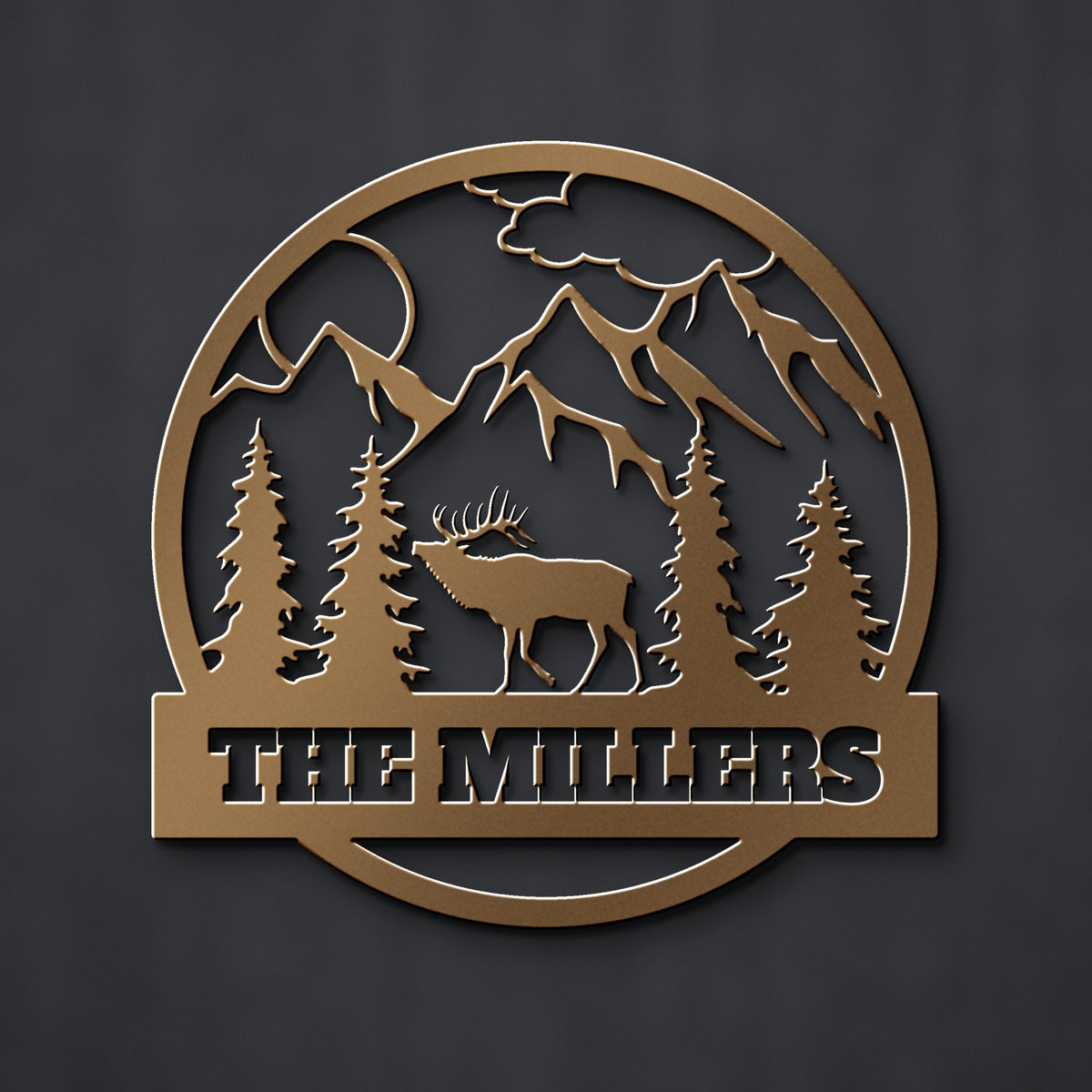 Elk Mountain Family Name Metal Sign in bronze powder coat