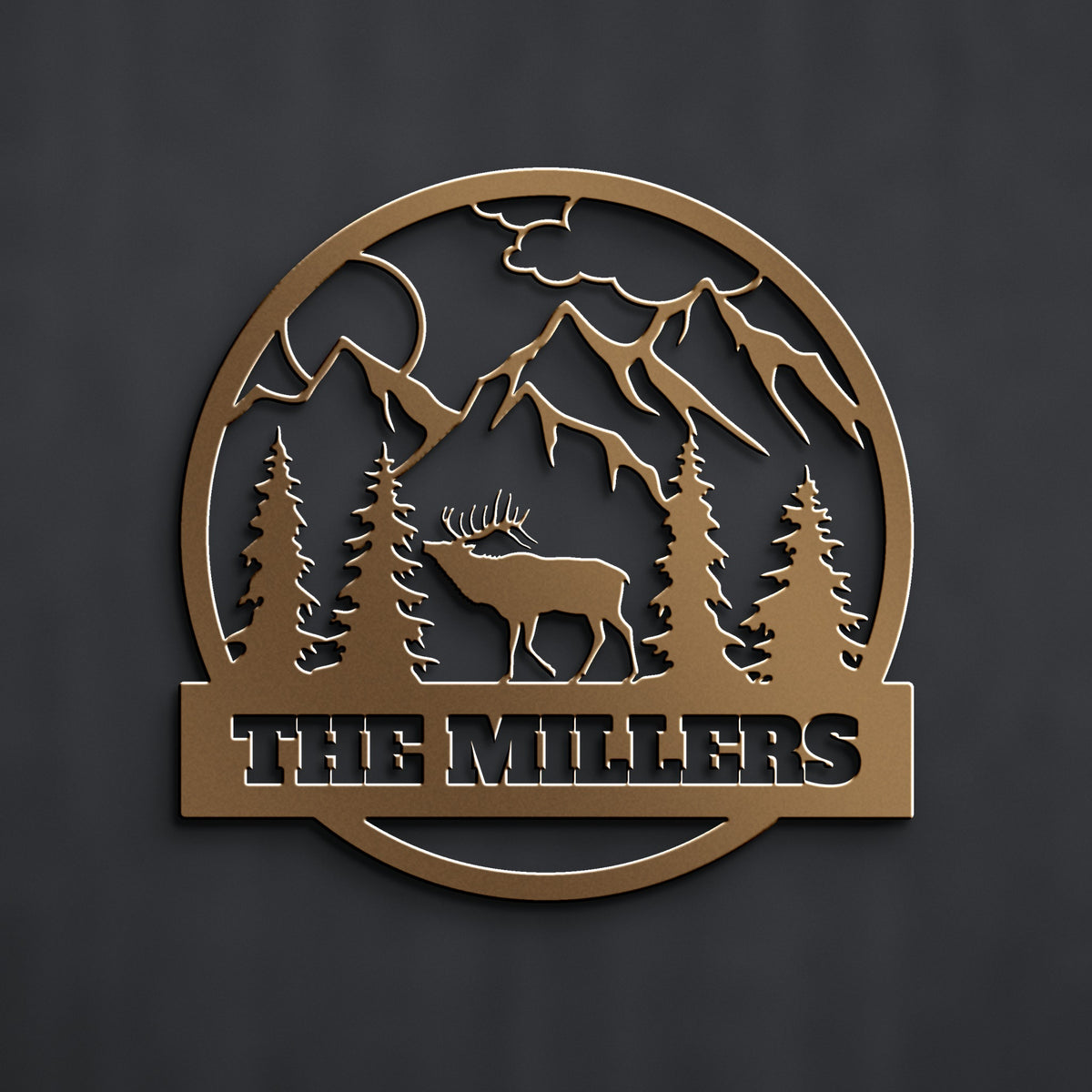 Elk Mountain Family Name Metal Sign in bronze powder coat, alternate view