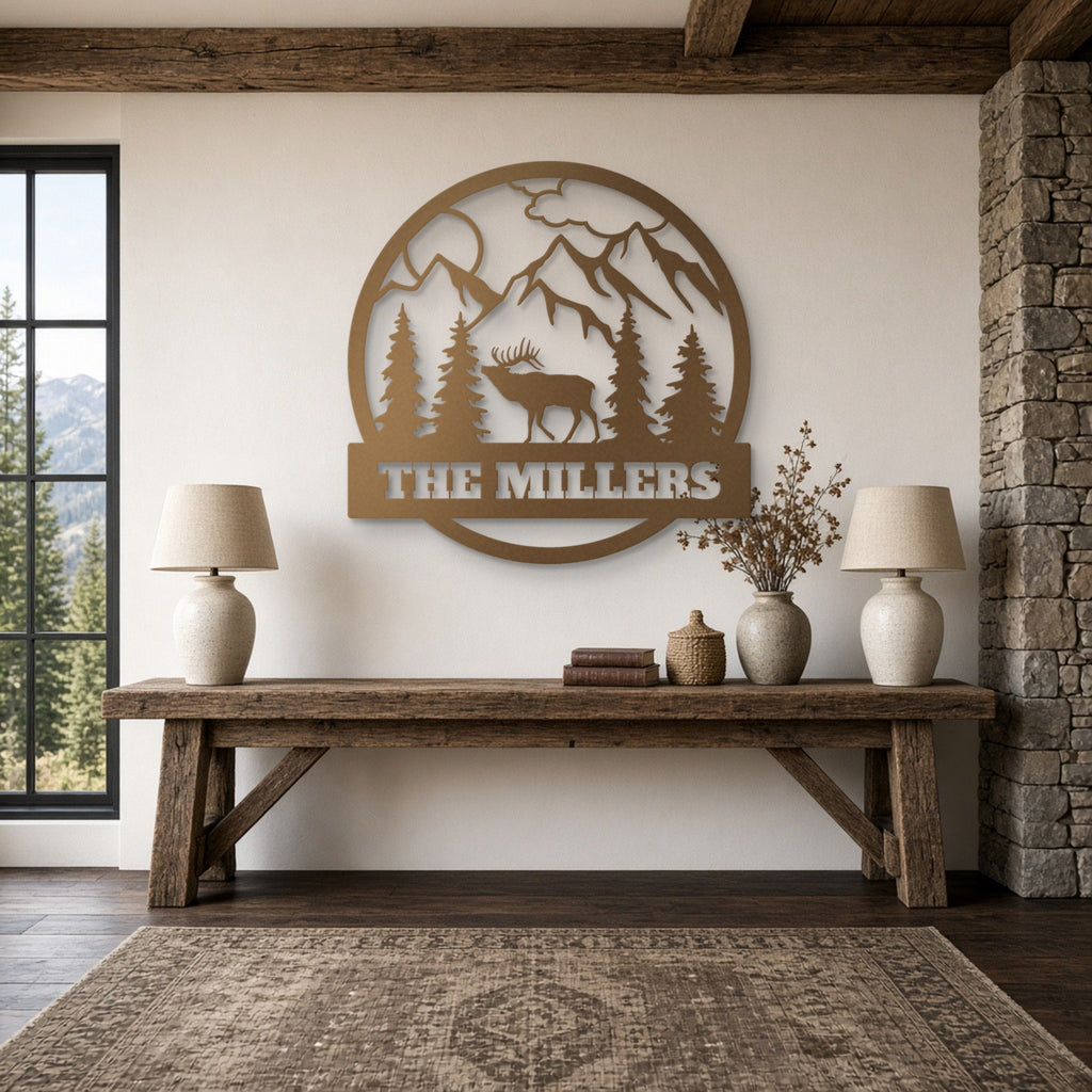 Elk Mountain Family Name Metal Sign in bronze, shown in a mountain lodge living room
