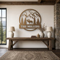 Elk Mountain Family Name Metal Sign in bronze, shown in a mountain lodge living room