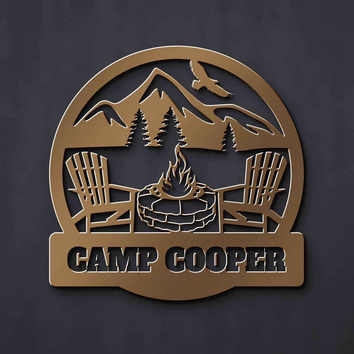 Fire Pit & Adirondack Chairs Family Name Sign in bronze powder coat