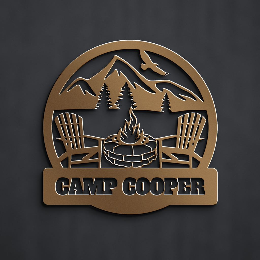 Fire Pit & Adirondack Chairs Family Name Sign in bronze powder coat, alternate view