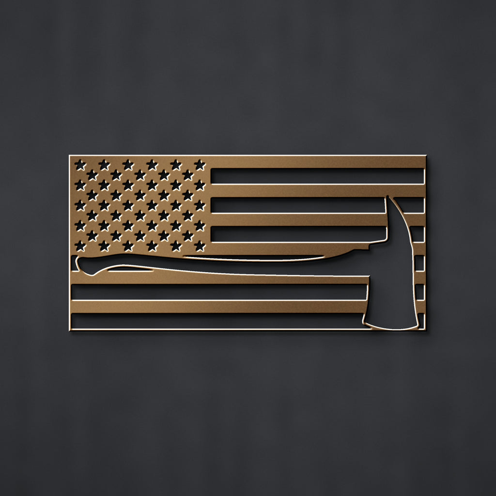 Firefighter Axe American Flag Metal Sign in bronze powder coat