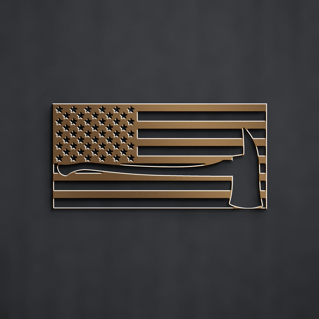 Firefighter Axe American Flag Metal Sign in bronze powder coat, alternate view