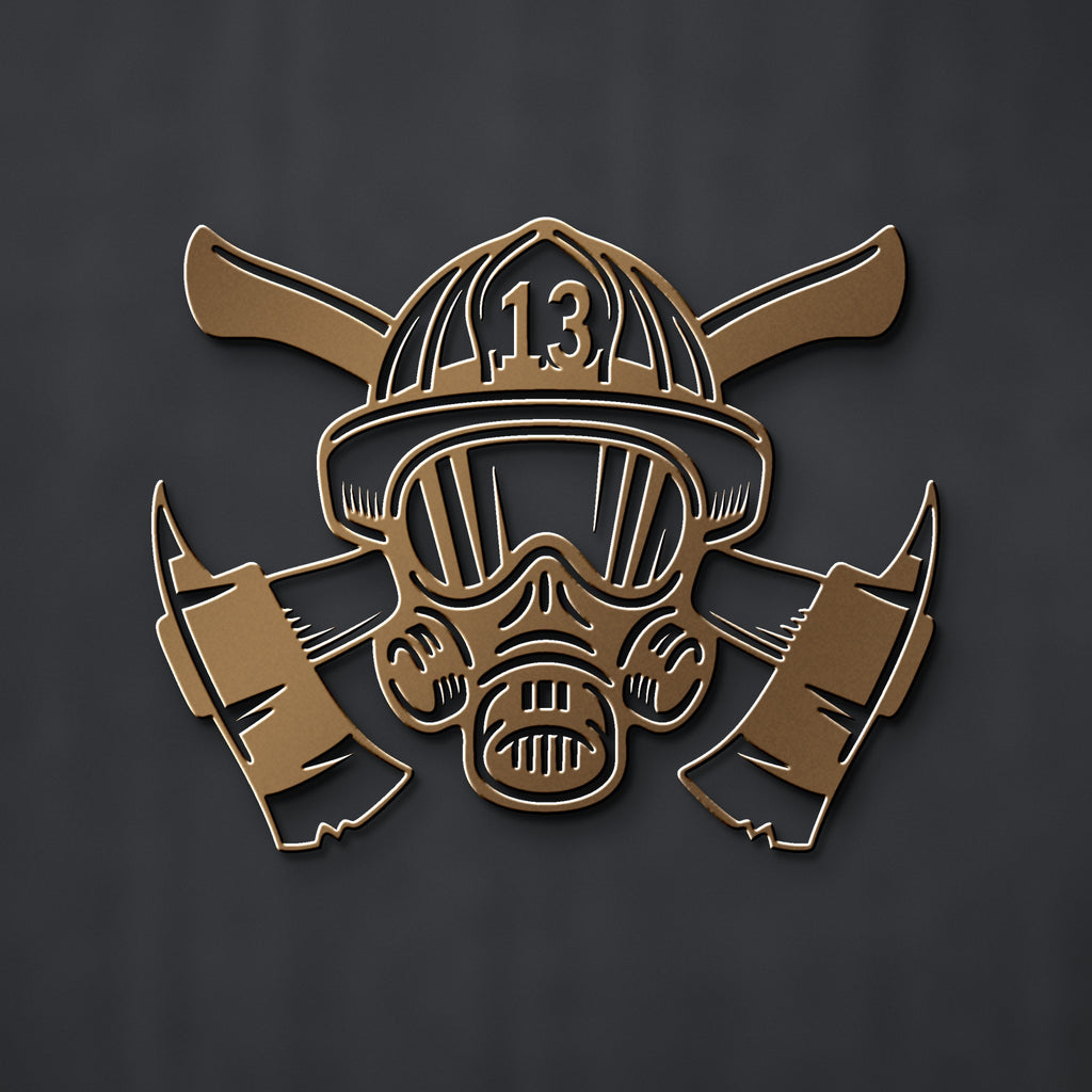 Firefighter Helmet & Crossed Axes Metal Sign (Custom Number) in bronze powder coat