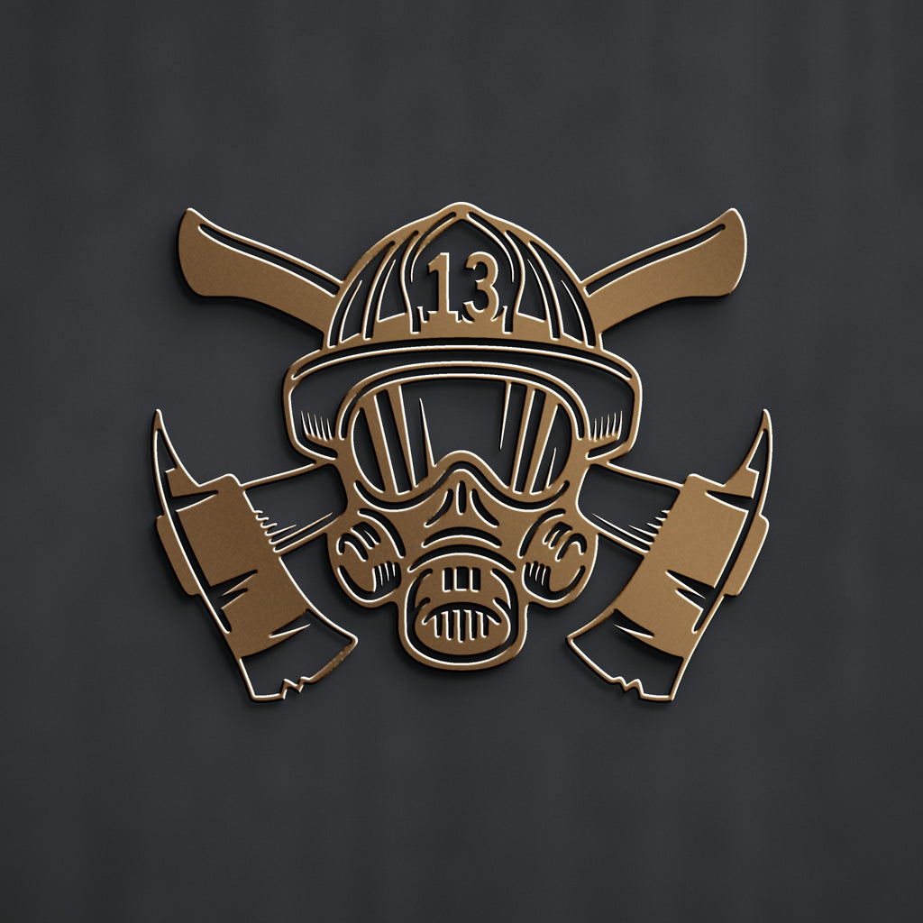 Firefighter Helmet & Crossed Axes Metal Sign (Custom Number) in bronze powder coat, alternate view