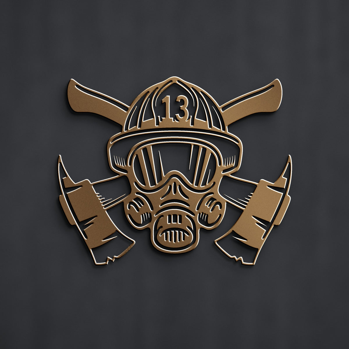 Firefighter Helmet & Crossed Axes Metal Sign (Custom Number) in bronze powder coat, alternate view