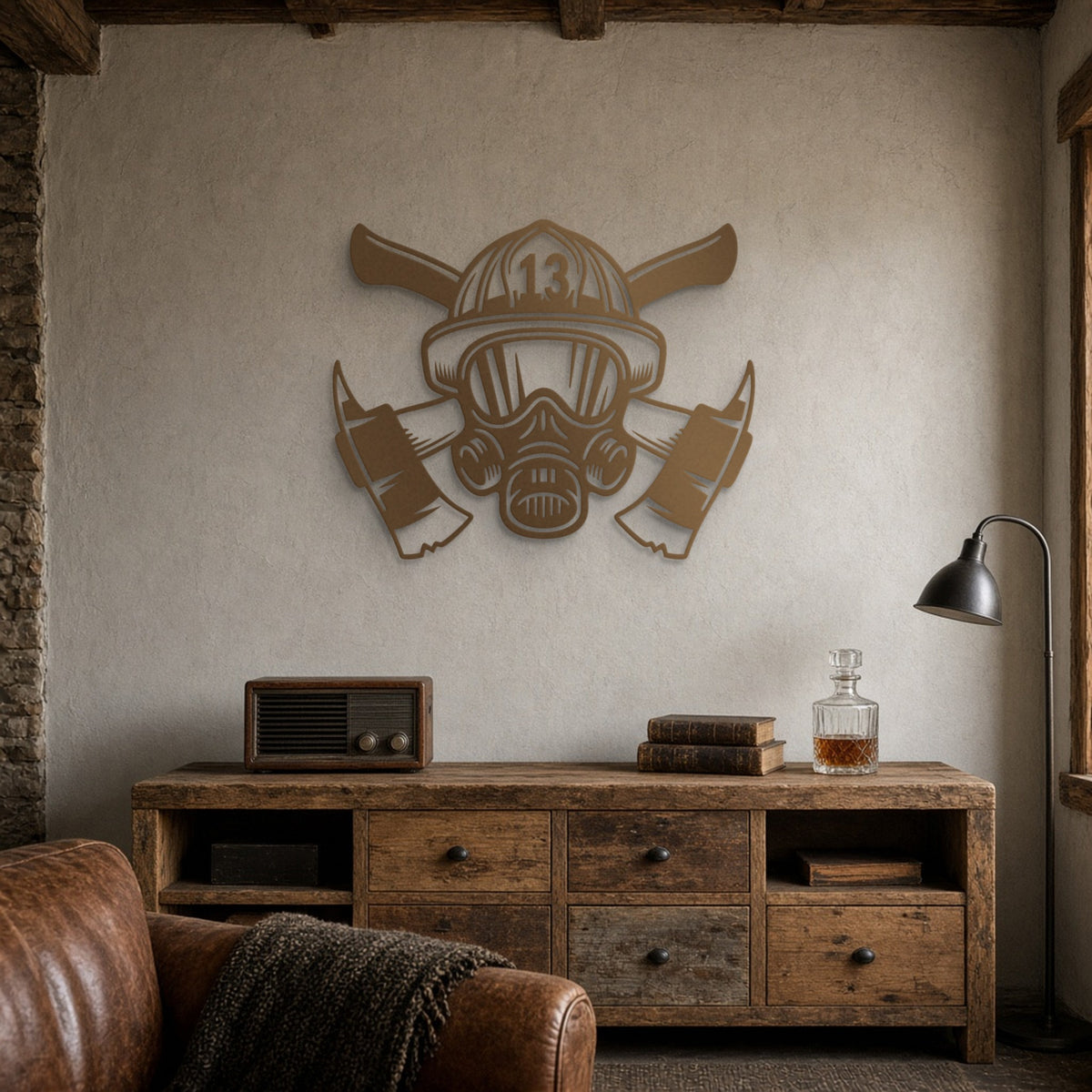 Firefighter Helmet & Crossed Axes Metal Sign (Custom Number) in bronze, shown in a man cave