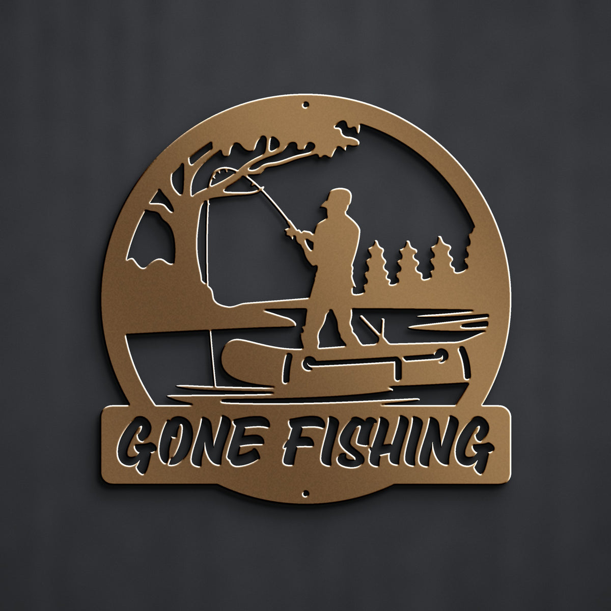 Fisherman Family Name Metal Sign (or "Gone Fishing") in bronze powder coat, alternate view