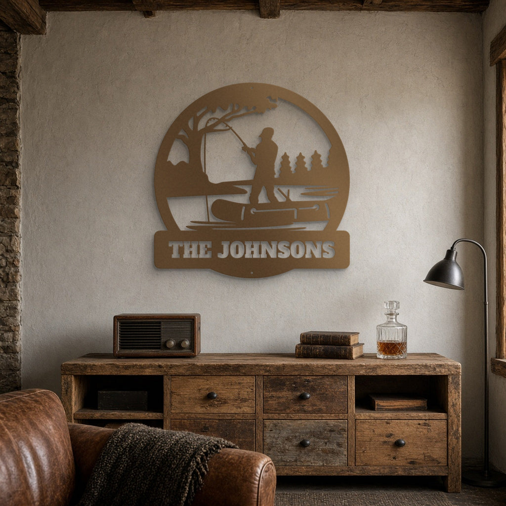 Fisherman Family Name Metal Sign (or "Gone Fishing") in bronze, shown in a man cave