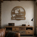 Fisherman Family Name Metal Sign (or "Gone Fishing") in bronze, shown in a man cave