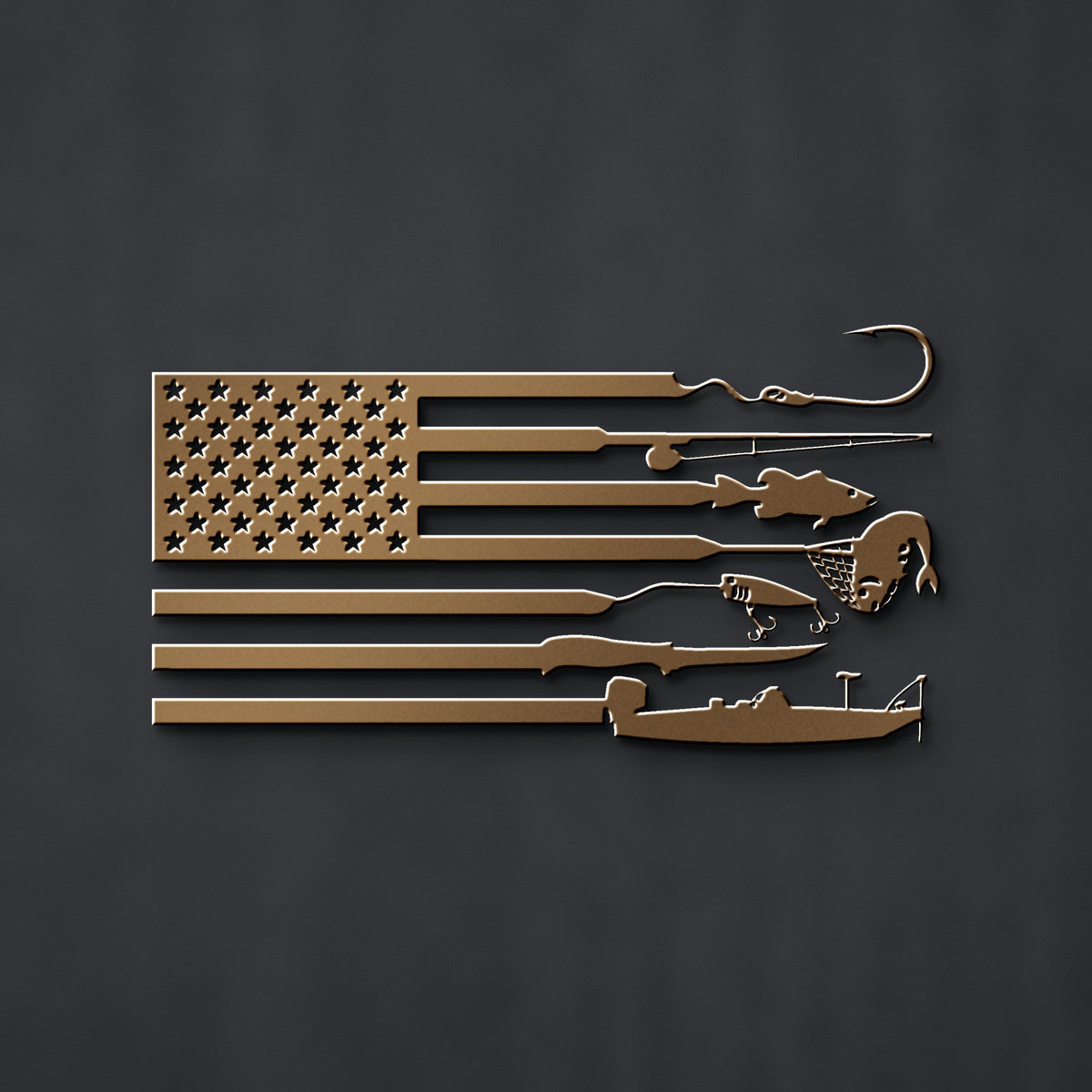 Fishing American Flag Metal Sign in bronze powder coat