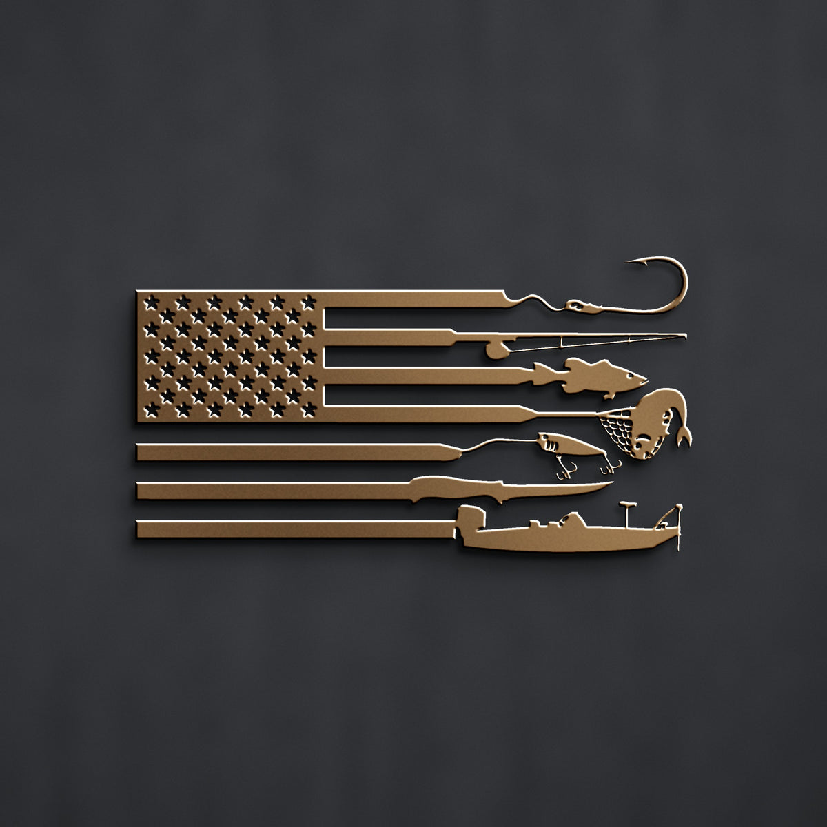 Fishing American Flag Metal Sign in bronze powder coat, alternate view