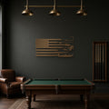 Fishing American Flag Metal Sign in bronze, shown in a game room