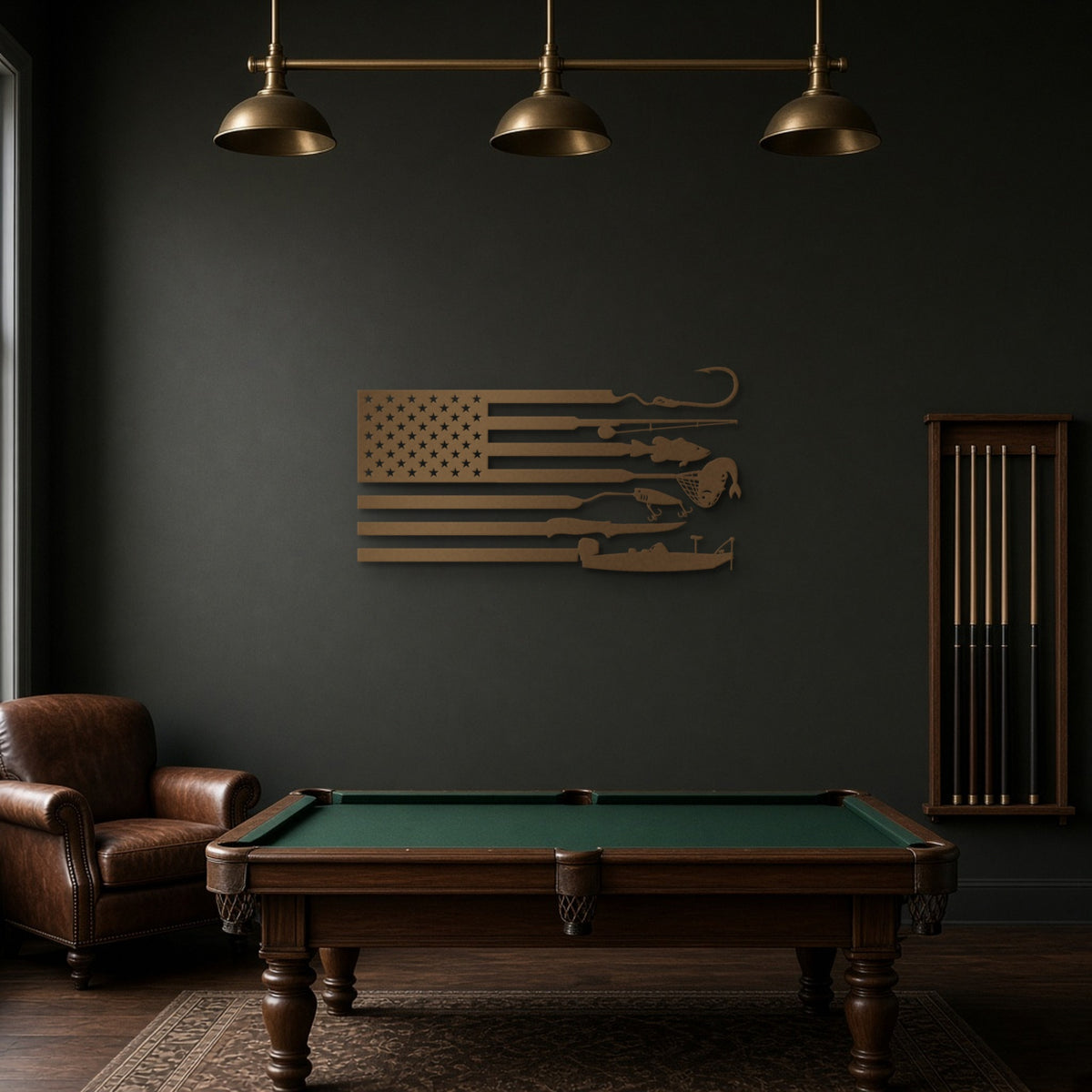 Fishing American Flag Metal Sign in bronze, shown in a game room