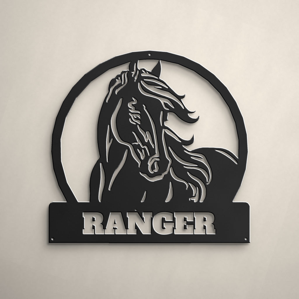 Horse Name Stall Sign: Personalized Metal in matte black powder coat, alternate view