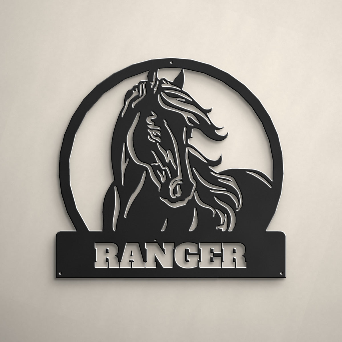 Horse Name Stall Sign: Personalized Metal in matte black powder coat, alternate view