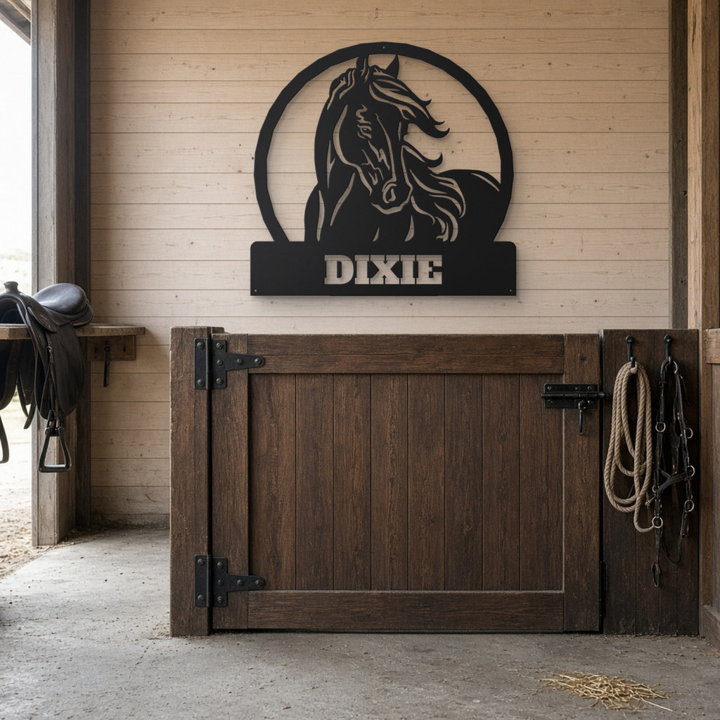 Horse Name Stall Sign: Personalized Metal in black, shown in a horse barn