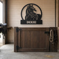 Horse Name Stall Sign: Personalized Metal in black, shown in a horse barn