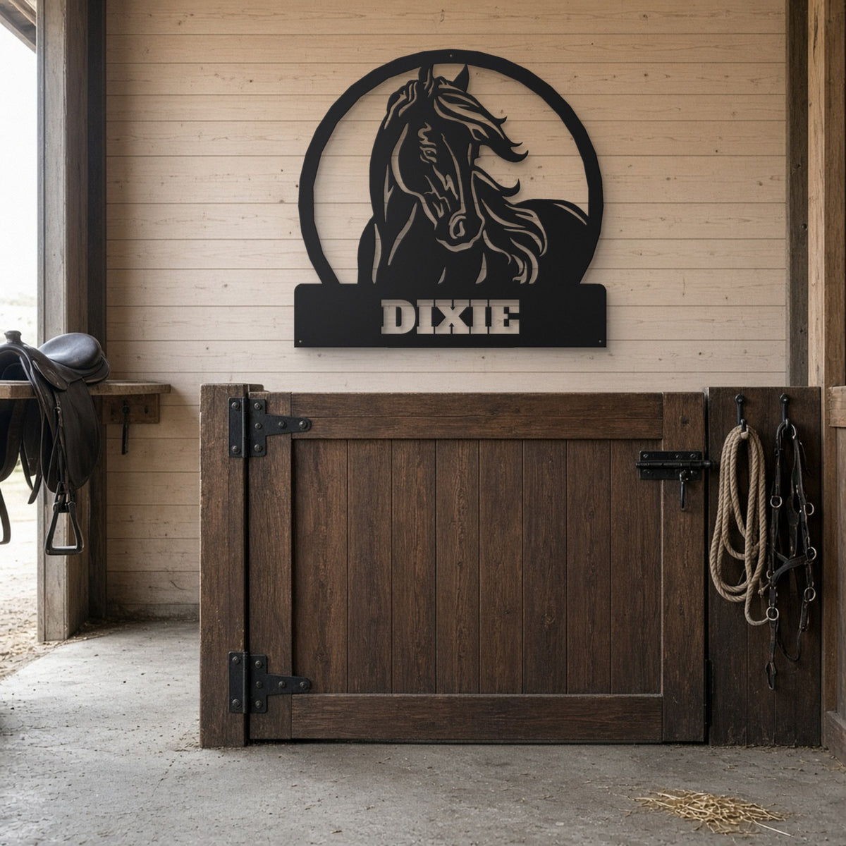 Horse Name Stall Sign: Personalized Metal in black, shown in a horse barn