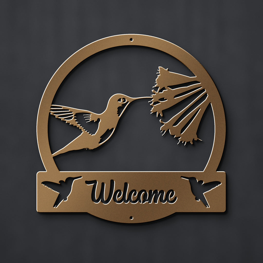 Hummingbird Welcome Metal Sign in bronze powder coat