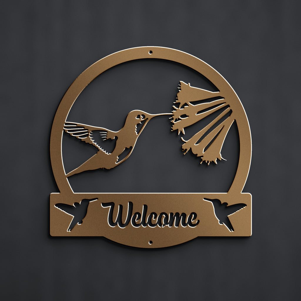 Hummingbird Welcome Metal Sign in bronze powder coat, alternate view