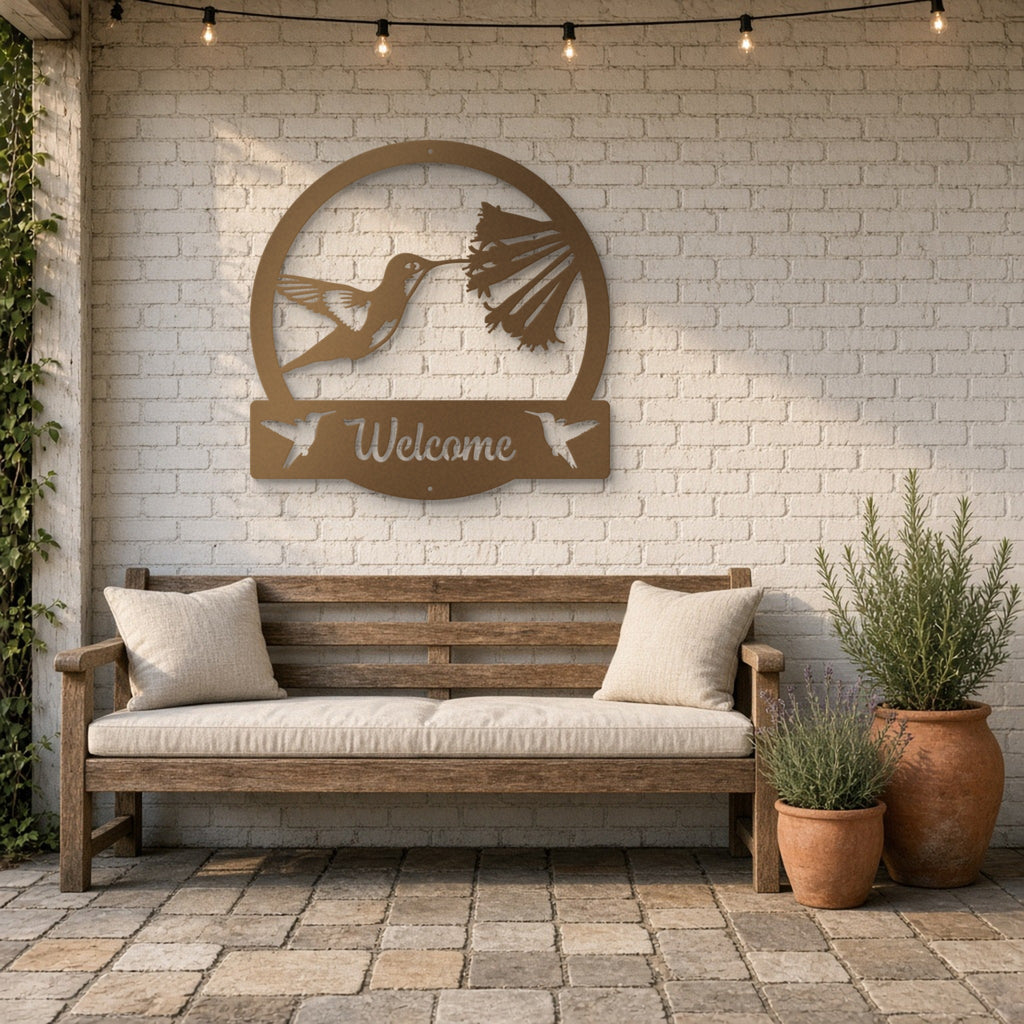 Hummingbird Welcome Metal Sign in bronze, shown in a back patio