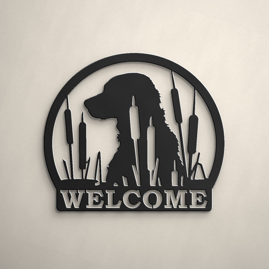 Labrador in the Cattails Welcome Sign in matte black powder coat, alternate view