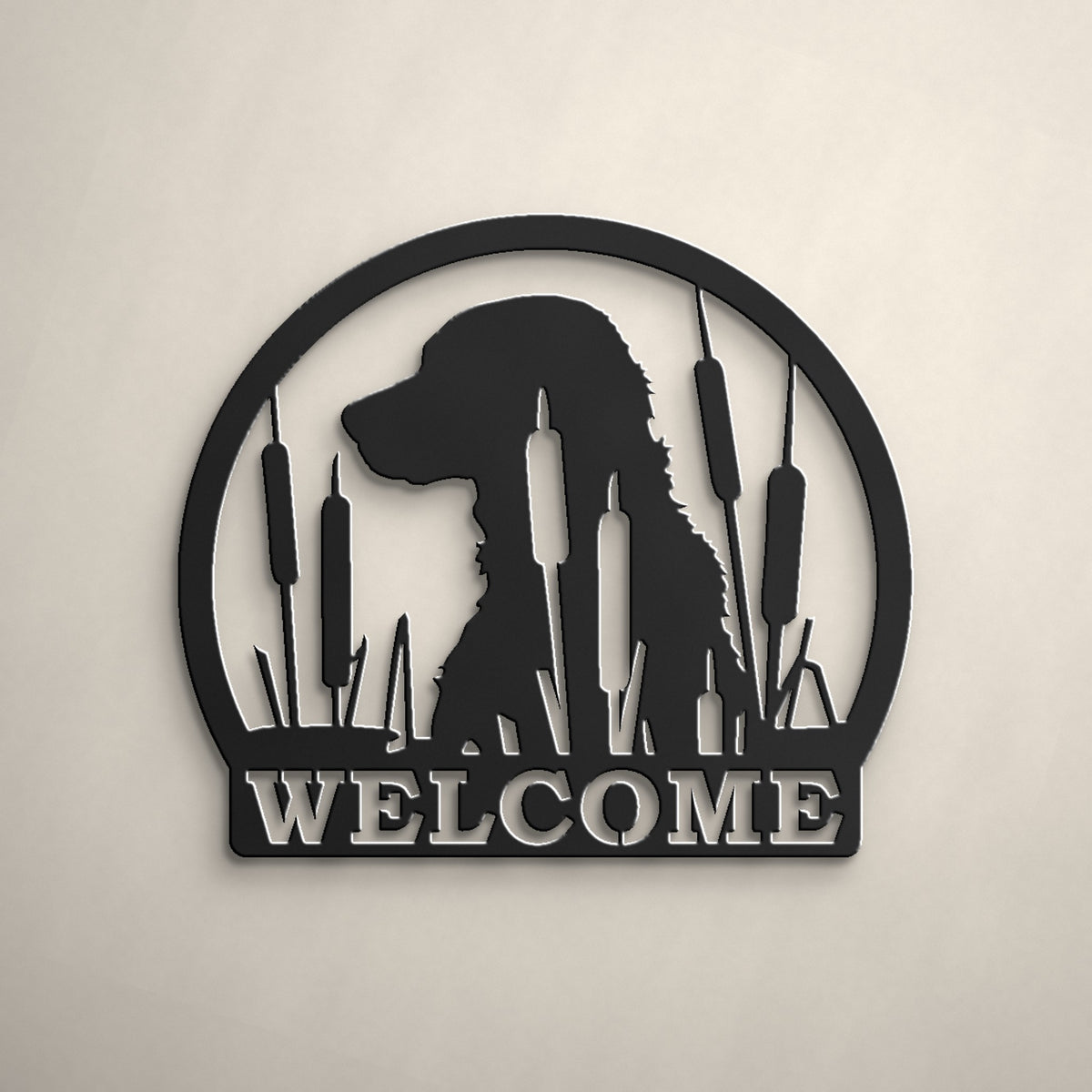 Labrador in the Cattails Welcome Sign in matte black powder coat, alternate view