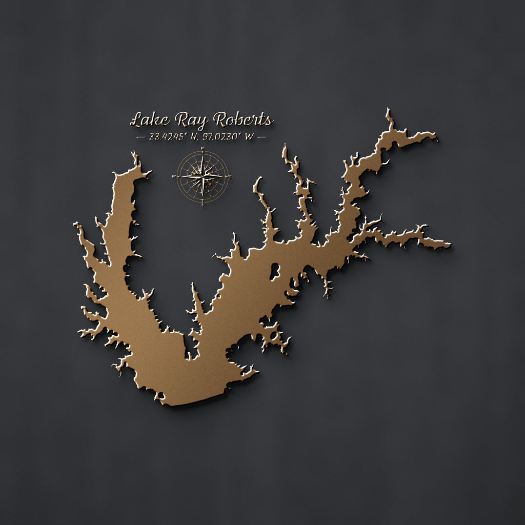 Lake Ray Roberts Map Metal Wall Art in bronze powder coat
