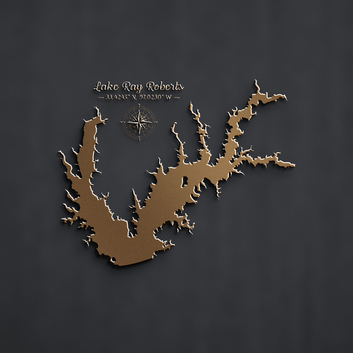 Lake Ray Roberts Map Metal Wall Art in bronze powder coat, alternate view