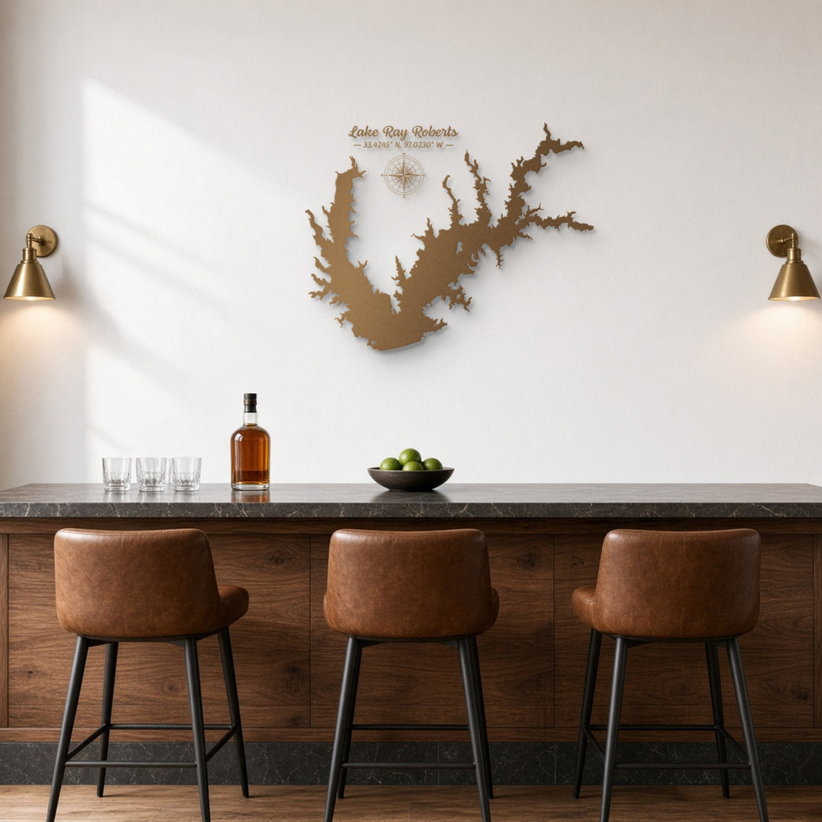 Lake Ray Roberts Map Metal Wall Art in bronze, shown in a home bar