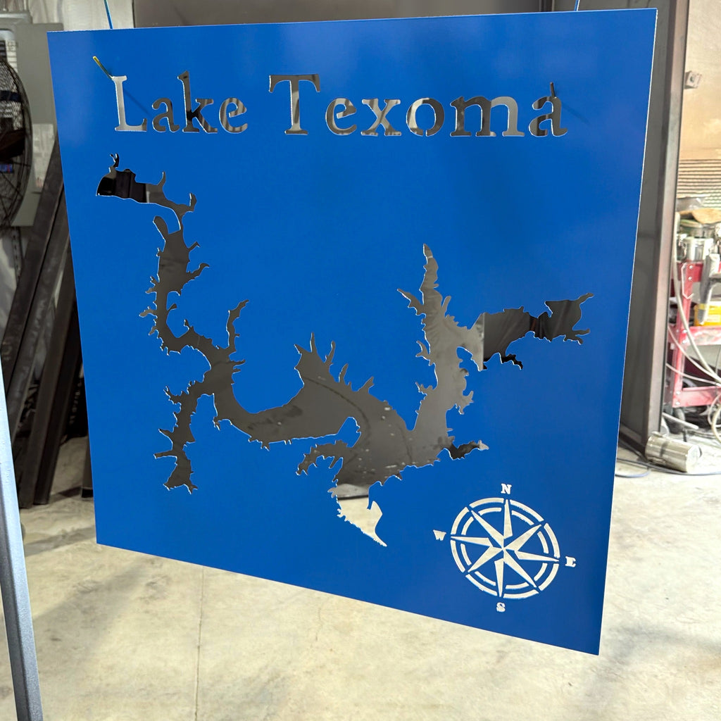 Lake Texoma Map Metal Sign in blue powder coat, made by American Made Metalworks