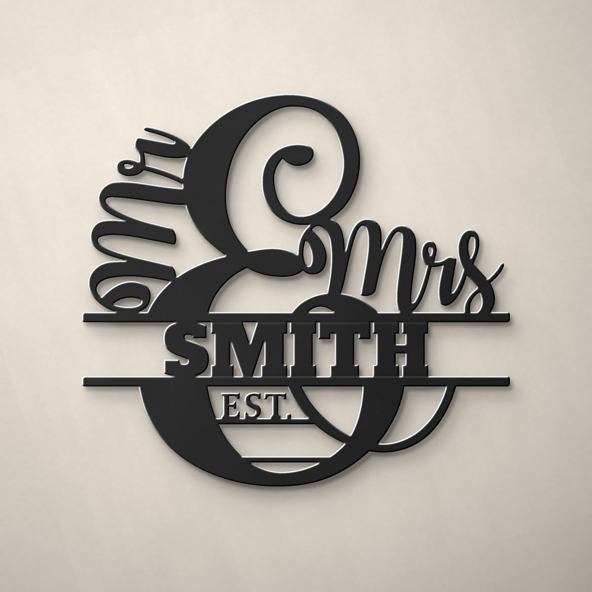 Mr & Mrs Split Monogram Metal Sign with Est. Year in matte black powder coat