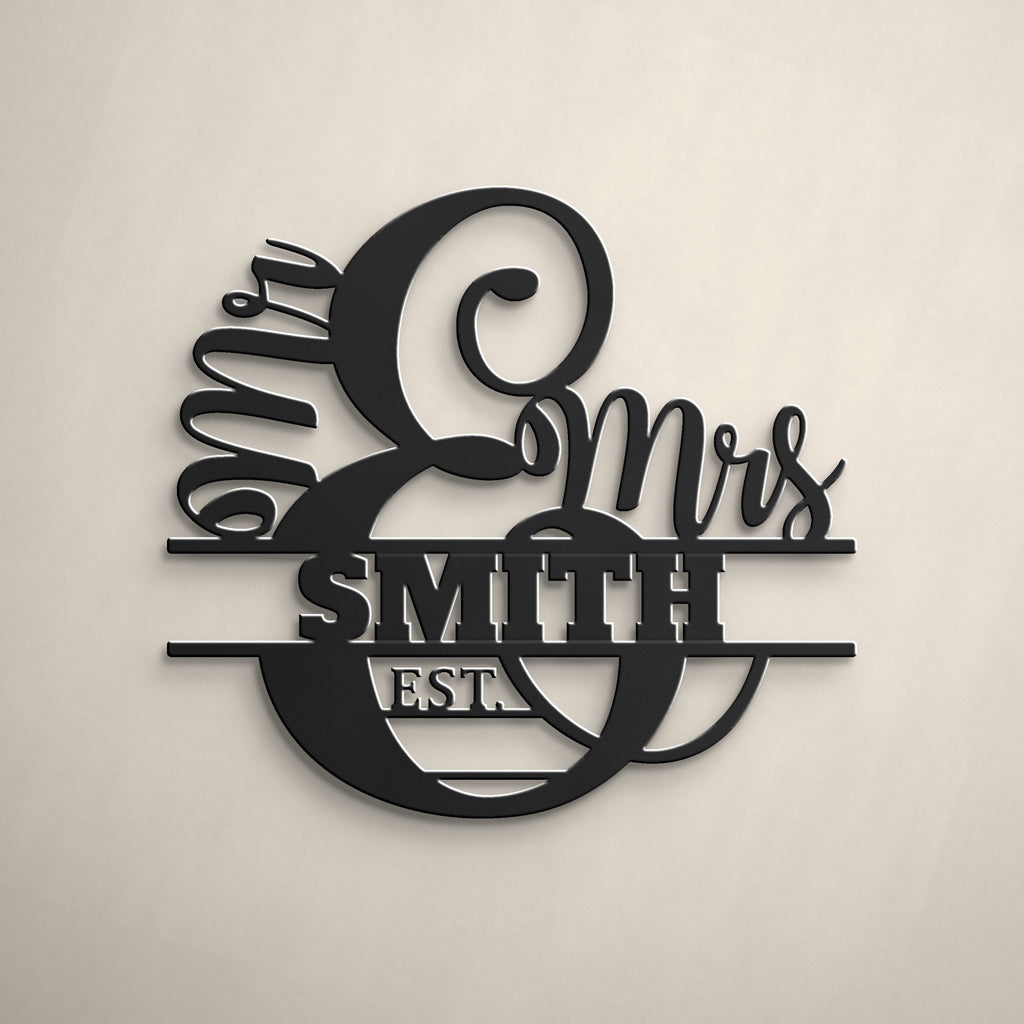 Mr & Mrs Split Monogram Metal Sign with Est. Year in matte black powder coat, alternate view