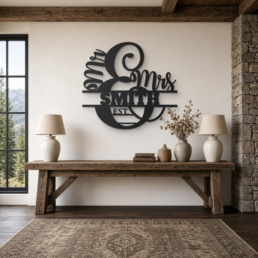 Mr & Mrs Split Monogram Metal Sign with Est. Year in black, shown in a mountain lodge living room