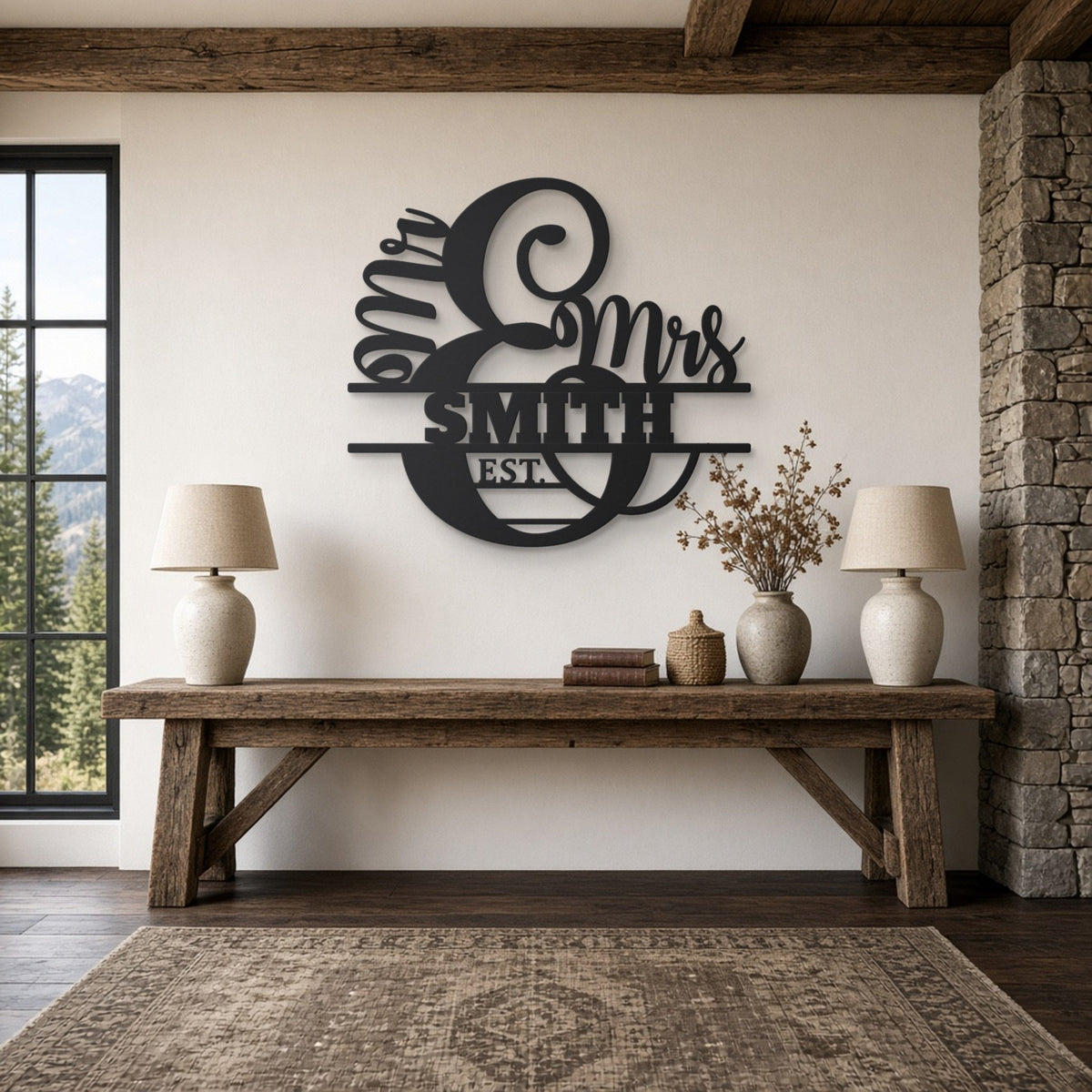 Mr & Mrs Split Monogram Metal Sign with Est. Year in black, shown in a mountain lodge living room
