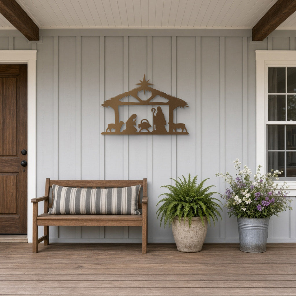 Nativity Scene Steel Silhouette: Wall or Yard in bronze, shown in a covered front porch