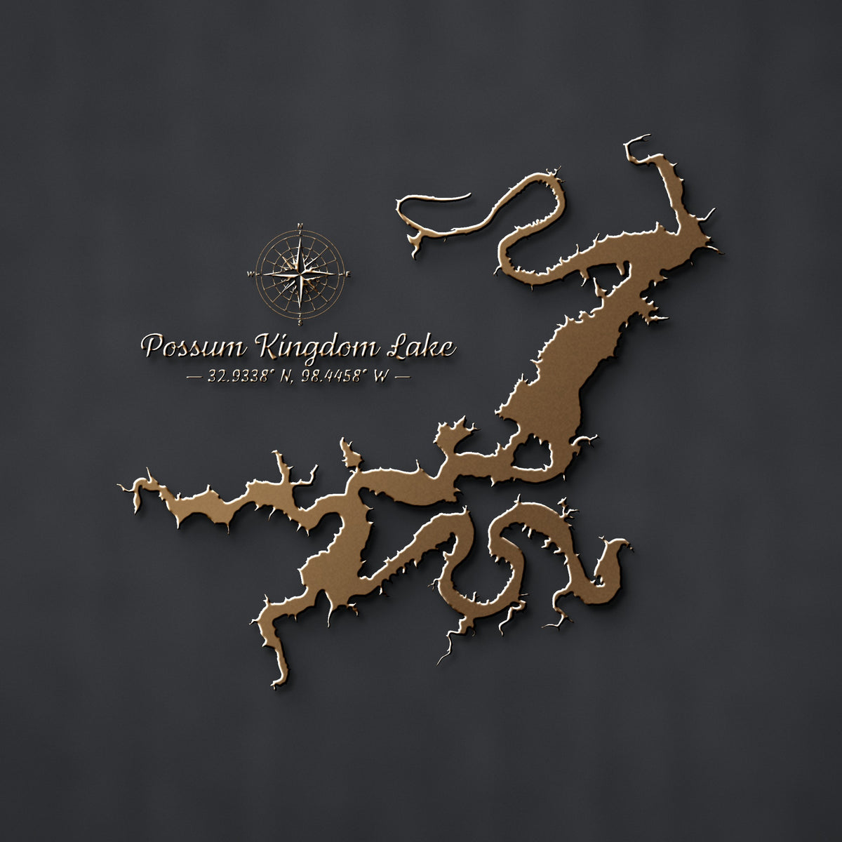 Possum Kingdom Lake Map Metal Wall Art in bronze powder coat