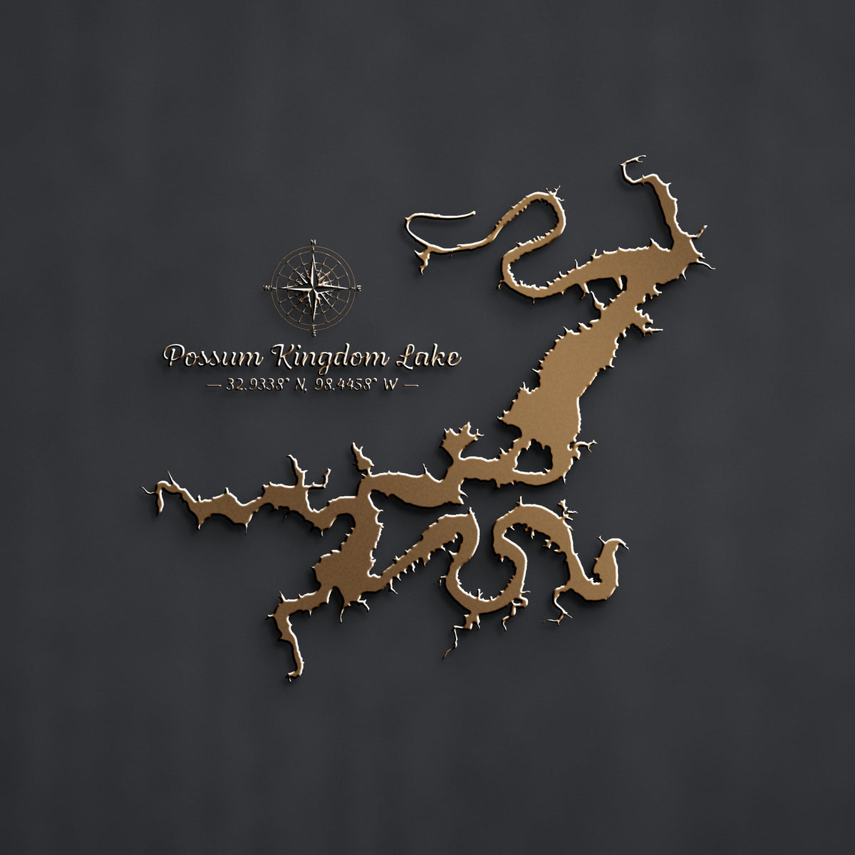 Possum Kingdom Lake Map Metal Wall Art in bronze powder coat, alternate view