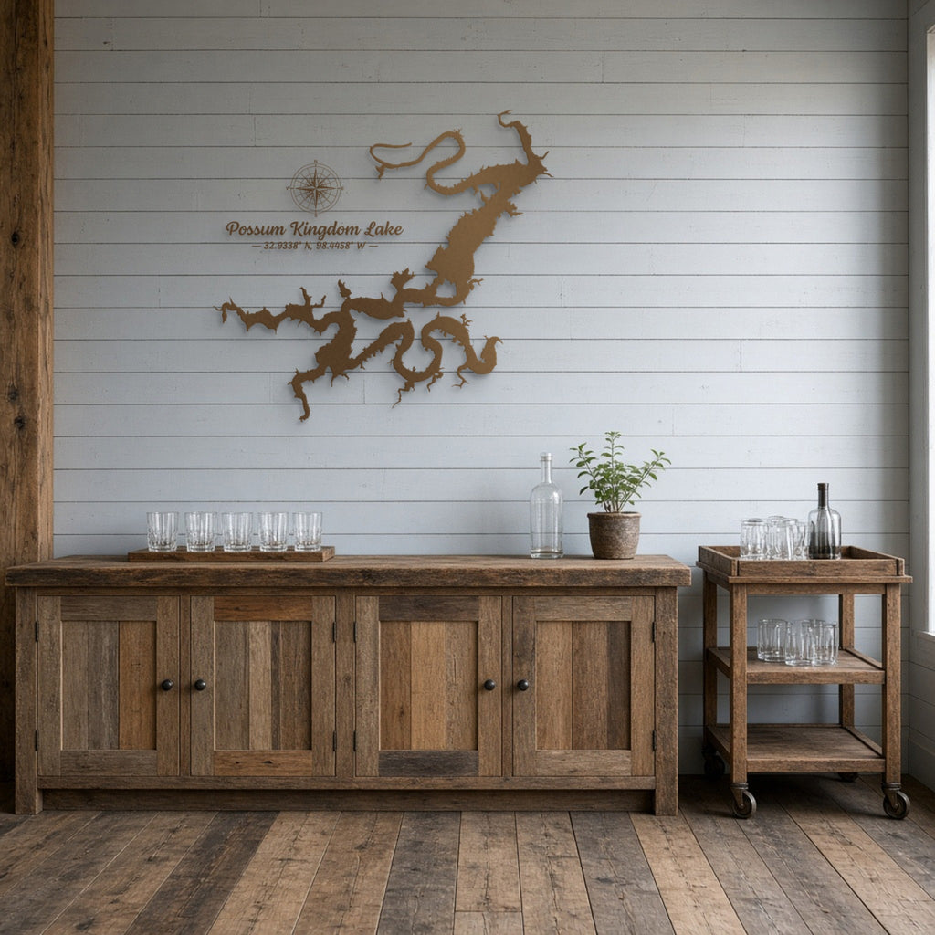 Possum Kingdom Lake Map Metal Wall Art in bronze, shown in a lake house bar