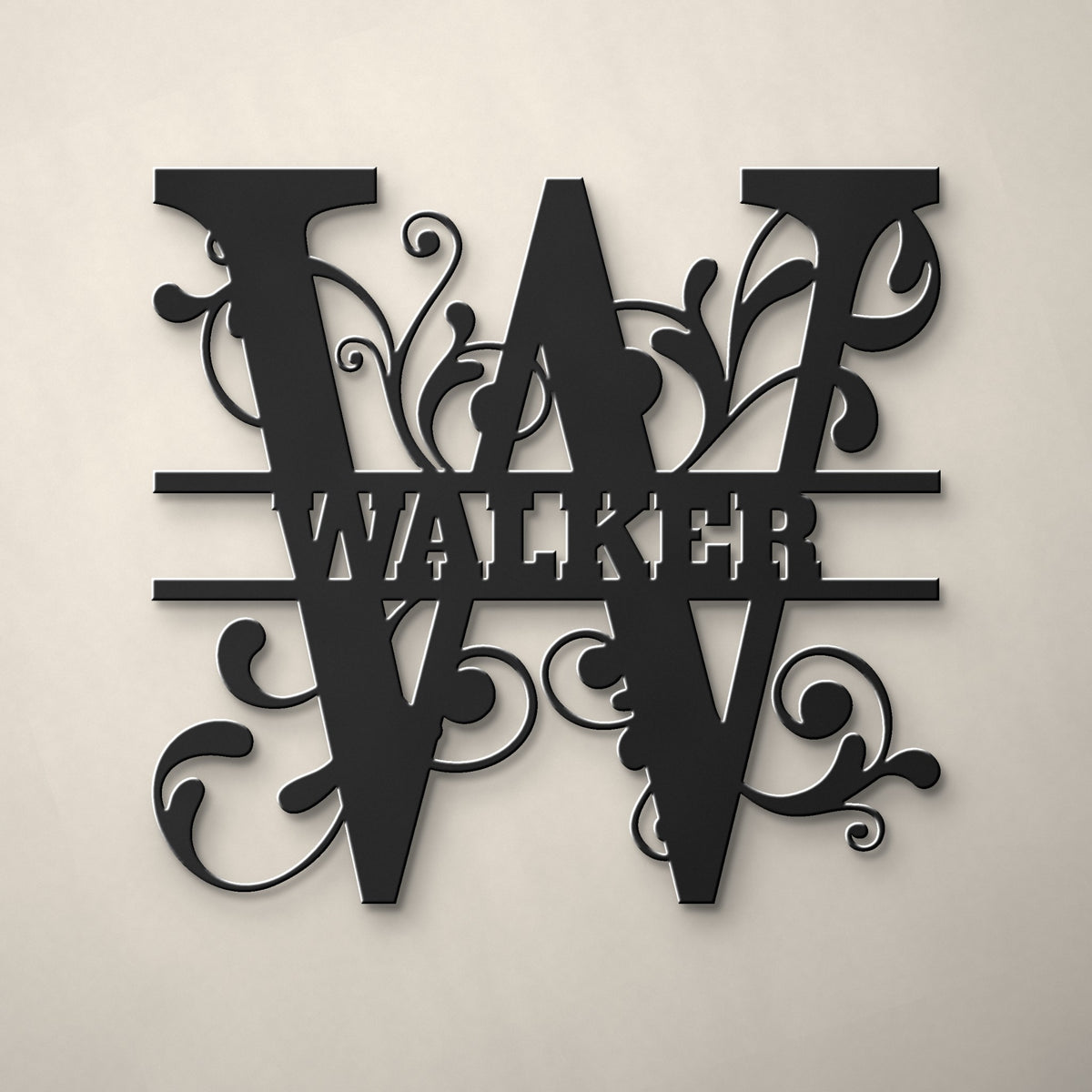 Split Letter Family Monogram Metal Sign (A–Z) in matte black powder coat