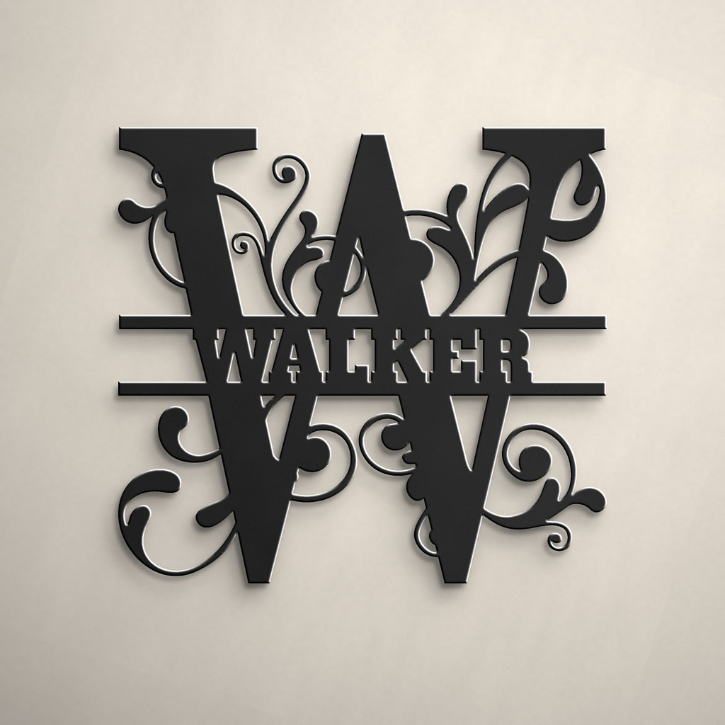 Split Letter Family Monogram Metal Sign (A–Z) in matte black powder coat, alternate view